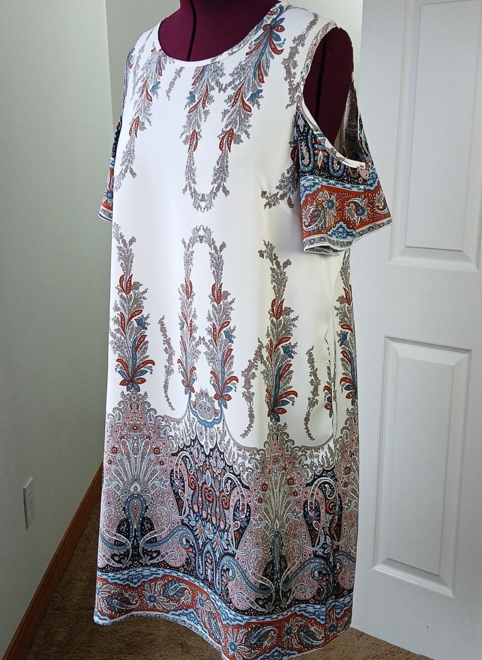 Paisley Cream Cold Shoulder Dress 2XL lightweight midi shift cool summer